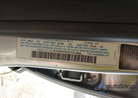 2002 Volkswagen Jetta Gls из США, поврежденный, VIN 3VWSB69M62M191206